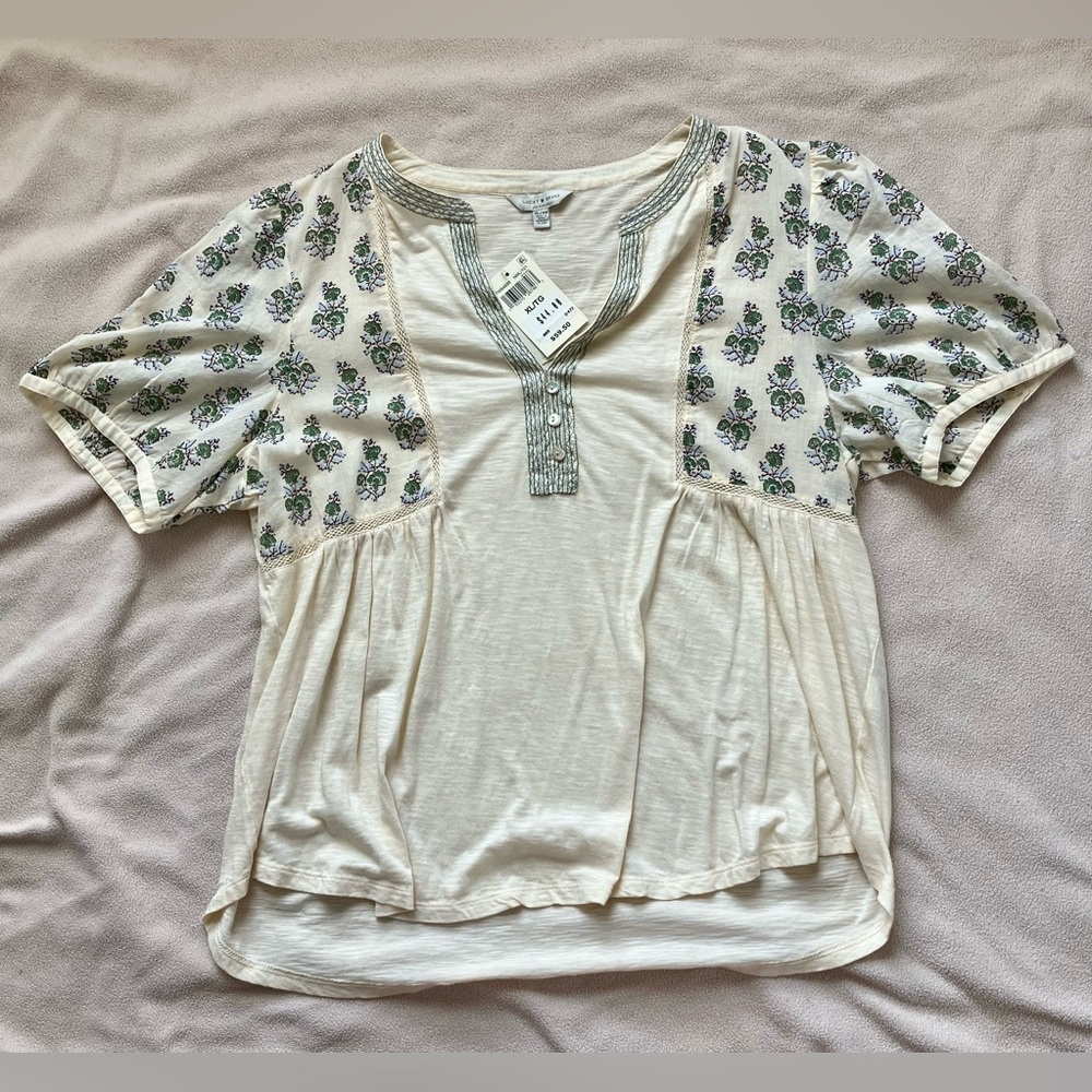 Lucky Brand Floral Short Sleeve Half Button Blouse